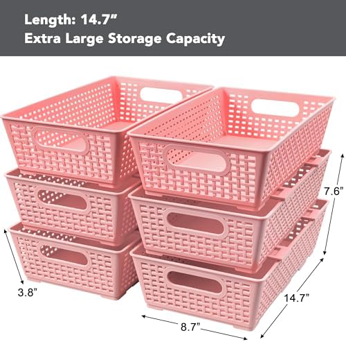 Tiawudi Stackable Woven Plastic Basket, Storage Bins for Cabinet, Closet, Shelf, Under Sink and Countertop, Pantry Organizer Bins, 6 Pack