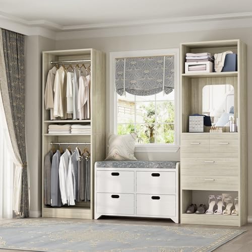 Unikito 50” Closet System with 4 Drawers, 4.2FT Wood Closet Organizer with Hanging Rod and Mirror, Reversible Small Walk in Closets Wardrobe, Adjustable Sturdy Clothes Garment Rack, White Oak