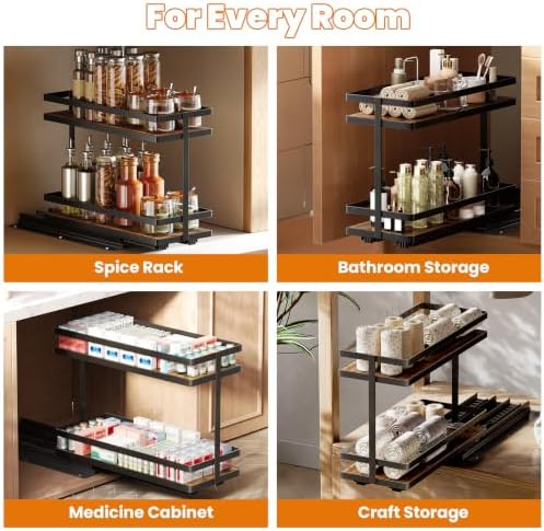 Pull Out Spice Rack 2Pcs Metal & Wood Seasoning Organizer Black | No-Drill Install | Full-Extension Silent Glide | Each Tier Holds 10–12 Standard Spice Bottles | Rustproof, Wipe-Clean Surface