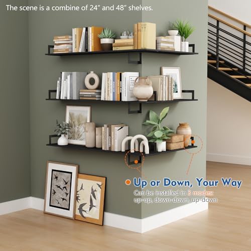 Harwaya Black Wall Shelves for Bedroom 24 Inch Long, 8 In Deep Floating Shelves for Wall, Large Wood Wall Mounted Bookshelf Hanging Shelf for Living Room Office Books Kitchen Closet Storage (Set of 3)