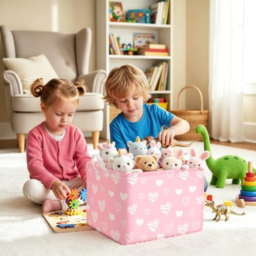 Kids Basket with Handles, Storage Toy Box for Girls, Heart