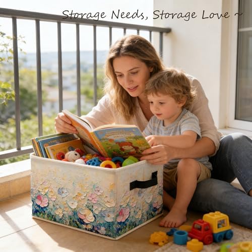 Textured Abstract Boho Floral Storage Bins Box with Handles, Watercolor Modern Wildflower Foldable Basket Toybox for Girls Nursery Bedroom Bathroom Home Clothes Toys Books