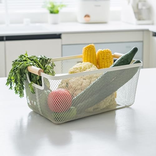 AJIODA Metal Mesh Steel Basket, Large Wire Storage Organizer Basket Multi-function Hanging Kitchen Baskets with Wood Handle for Kitchen Bathroom Picnic Home, Rectangle-Off White