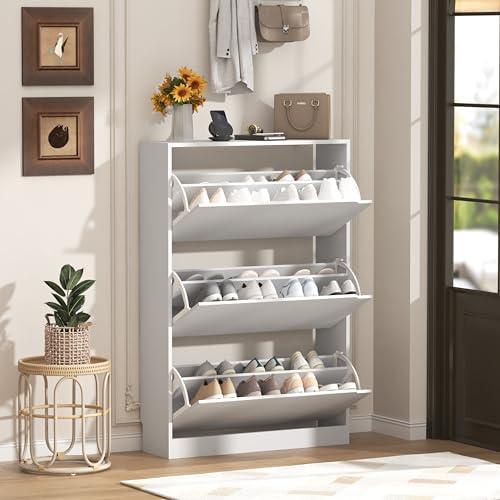 Wodeer Narrow Shoe Cabinet for Entryway, Slim Shoe Storage Cabinet with 3 Flip Drawers, Hidden Wood Shoe Cabinet Storage, Freestanding Shoe Rack Organizer Foyer, Hallway, White