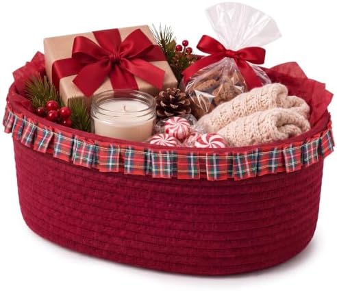 RattanView Cotton Rope Gift Basket with Red Gingham Ruffle Trim Handles