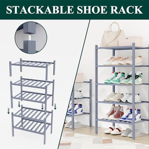 Smiry Bamboo Shoe Rack, 8 Vertical Slats, 5 Tier - 17.3" Wide, Grey