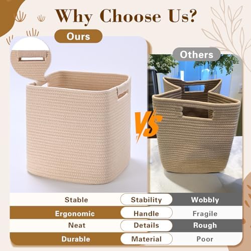 13 Inch Storage Cubes, 3 Pack Cube Storage Bins for Organizing, Cotton Rope Woven Baskets for Shelves, Bathroom, Kids Room, Closets, Baby Nursery