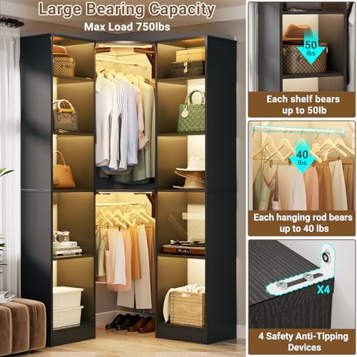 Besiost Corner Closet System with 2 Motion Sensor Lights, 39.2" Corner Closet Organizer with 12 Shelves, Closet Corner with 2 Hanging Rods, Versatile 6-Tier Walk-in Closets for Corner Space, Black
