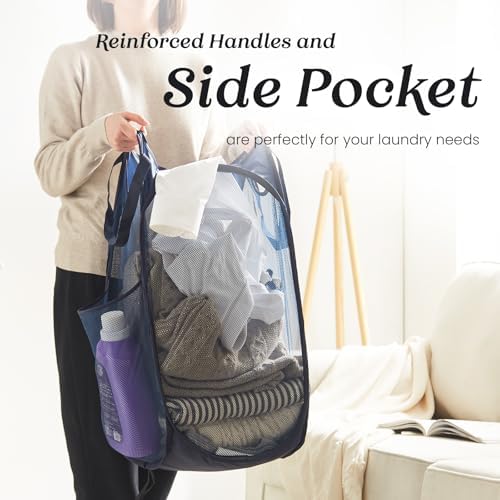 Collapsible Mesh Laundry Basket with Side Pocket & Sturdy Handles