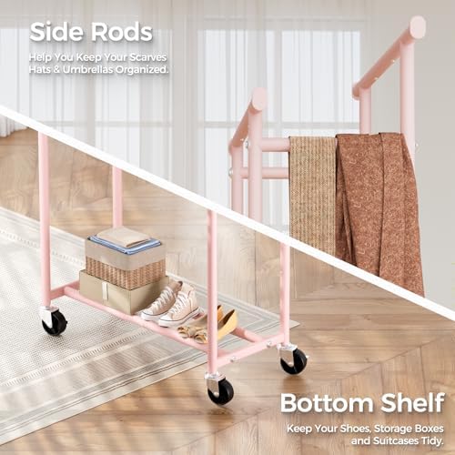 HYSEYY Clothes Rack, Double Rods Rolling Clothing Rack for Hanging Clothes, Portable Garment Rack with Wheels, Coat Rack Wardrobe Closet Load 240 LBS for Bedroom Laundry Room (Pink, L)