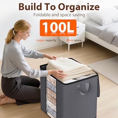 SpaceWhisper 3 Pack 100L Clothes Storage, Foldable Storage Bags, Grey