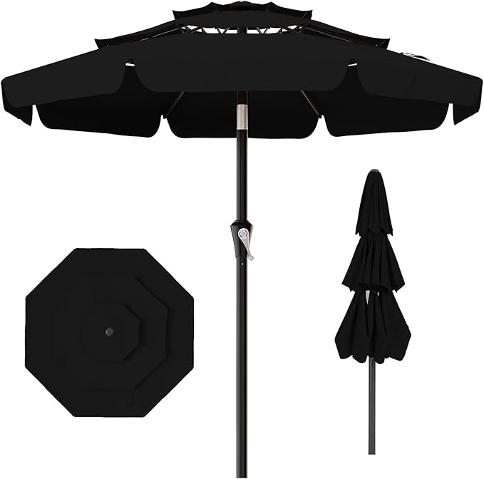 AreShark 10FT 3-Tiers Patio Umbrella with Valance Outdoor Umbrellas with Crank/Tilt, Table Market Umbrella Vented w/ 8 Sturdy Ribs for Garden, Deck, Backyard, and Pool, Black