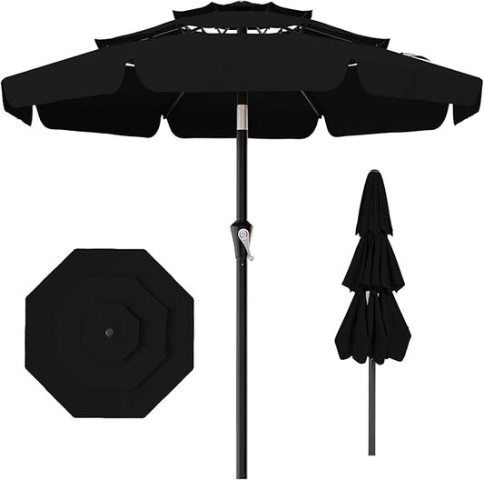 AreShark 10FT 3-Tiers Patio Umbrella with Valance Outdoor Umbrellas with Crank/Tilt, Table Market Umbrella Vented w/ 8 Sturdy Ribs for Garden, Deck, Backyard, and Pool, Black