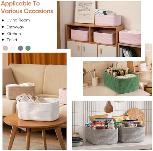 OIAHOMY 4 Pack 14.17 * 11.02 * 6.3IN Storage Baskets for Organizing Shelves, Woven Rope Baskets for Organizing Books, Clothes, Decorative Basket for Living Room, Nursery, Bedroom, Gift Basket, Green