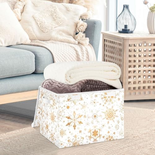 senya Christmas Baskets Collapsible Storage Bins with Lids, Seamless Gold White Snowflakes Storage Boxes Clothes Baskets for Organizing