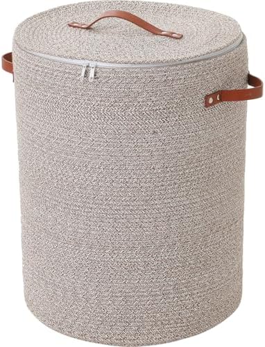 16"x20" Extra Large Cotton Rope Basket with Zipper Lid, Woven Laundry Hamper and Blanket Storage Basket, Round Clothes Bin for Living Room Bedroom, Camel & White Mix