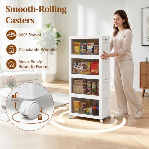 4Tier 428QT Stackable Storage Bins With Lids Portable Wheels Cabinet, White