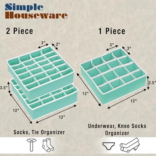 Simple Houseware Sock Drawer Organizer, 3 Pack, Turquoise