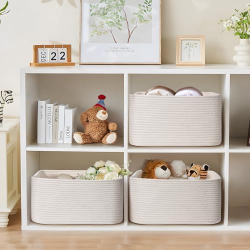 2 Pack Large Storage Basket for Organizing, 17.5"x13"x7" Woven Basket for Shelves, Closet Cube Storage Bins with Wrapped Handle, Cotton Rope Baskets for Kitchen, Clothes, Toys(Off White)