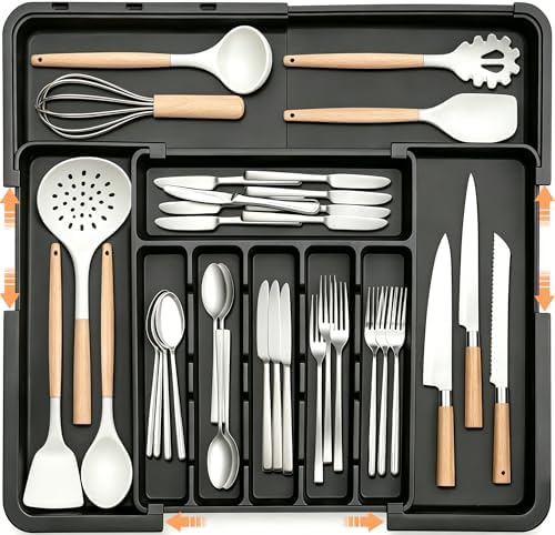 Spaclear Silverware Organizer Expandable Kitchen Utensil Drawer Organizer Large BPA Free Adjustable Cutlery Silverware Tray for Spoons Forks Knives Storage Divider for Kitchen Flatware 6-9 Slots Black