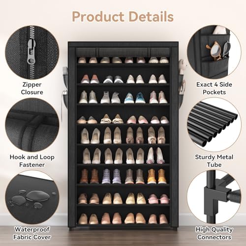 LANTEFUL Shoe Rack with Covers - 10 Tiers Tall Shoe Rack Organizer Large Capacity Shoe Shelf Storage 40 Pairs Space Saving Vertical Shoe Storage Organizer for Closet, Entryway, Dorm, Bedroom
