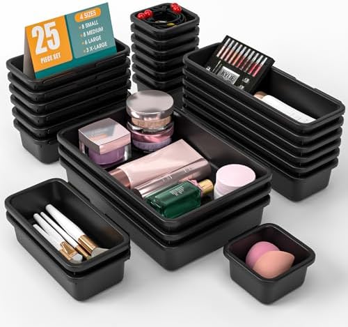 25 PCS Drawer Organizer Set, 4 Size Makeup Drawer Divider Organizer With Non-Slip Pads, Interlocking Plastic Storage Bins for Office,Jewelry Vanity,Gadgets, Bathroom,Kitchen, Black