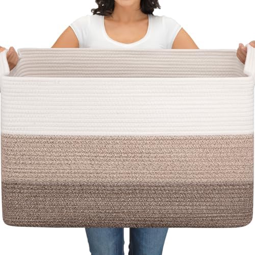 OIAHOMY Extra Large Blanket Basket, 110L Cotton Rope Woven Laundry Basket, Toy Bin for Baby Room, Container for Blanket Storage in Living Room, 24.8''×17.3''×15.8'', Gradient Brown