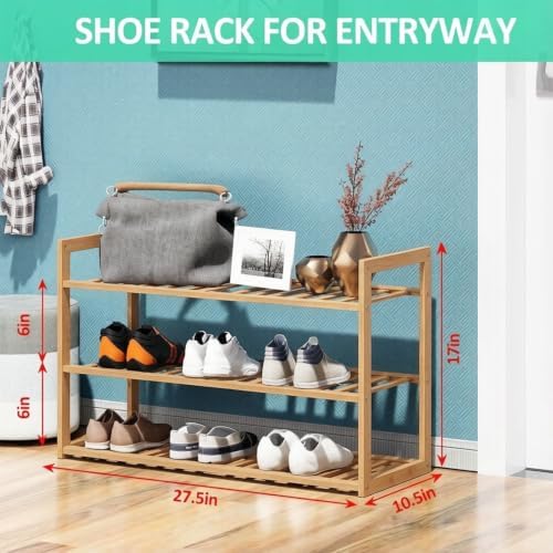 Jripae 3 Tier 27.5in Bamboo Shoe Rack for Entryway Closet Bedroom Garage