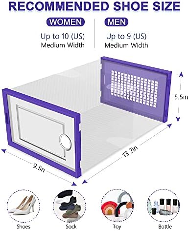 Kuject Large Shoe Organizers Storage Boxes for Closet, 12 Pack Clear Plastic Stackable Storage Bins with Lids, Under Bed Shoe Containers for Entryway, Drop Front, Fit up to Women's Size 10,Purple