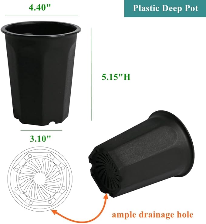 BangQiao 14 Pack 4.40 Inch Black Plastic Deep Nursery and Seedling Pots, Round Planter Container for Transplanting, Cutting, Succulent