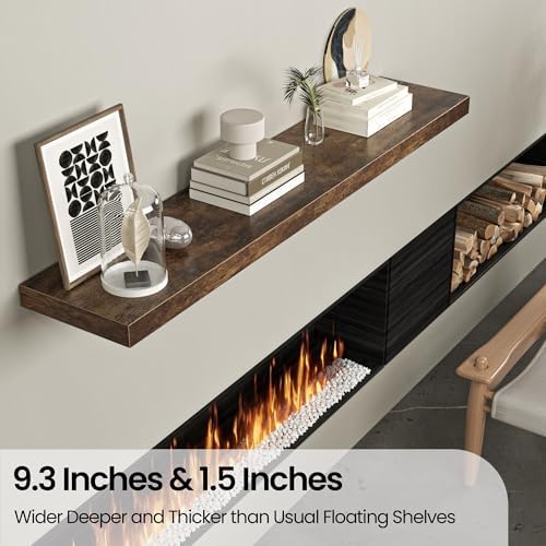 FLYJOE Floating Shelves for Wall, 48"W x 9.3"D x 1.5"H, Wooden Wall Mounted Display Shelf with Invisible Brackets for Living Room, Bedroom, Bathroom, Kitchen Decor and Storage, Set of 1, Rustic Brown