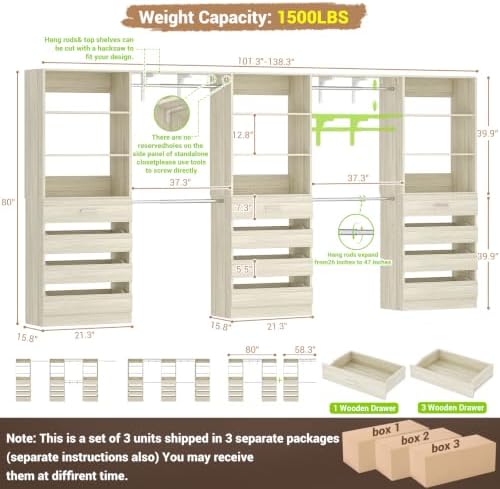 Aheaplus Closet System with 12 Drawers, 138.5" Custom Wood Closet Organizer