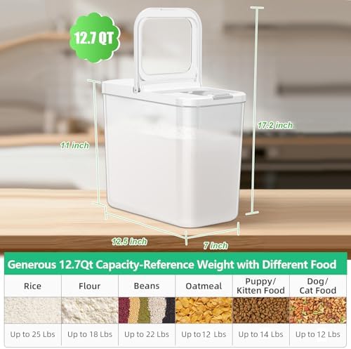 TBMAXS Rice Flour Storage Container - 12.7 Qt | 25 Lbs Crystal-Clear Plastic Food Storage Containers Bin with Pop-up Lid for Grains Beans, Dry Food Holder for Kitchen Pantry Organization and Storage