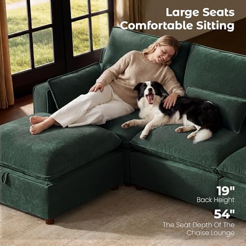 WorthFurni Modern Modular Sectional Sofa,103" U Shape Minimalist Couch with Storage Ottoman,Comfty 4 Seat Sofa for Living Room,Green Chenille