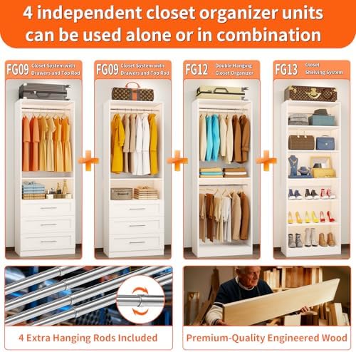 Closet System Set of 4, 8-21FT Closet System with 6 Drawers, 8 Shelves & 8 Hanging Rods, Custom Walk in Closet Organizer System Adjustable, Max 252“ Modular Closet Storage System Wood, White