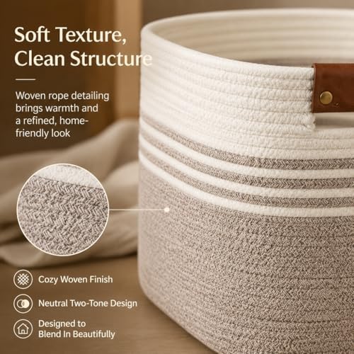 Cotton Rope Laundry Basket Extra Large, 25.4GAL Collapsible Woven Storage Baskets for Living Room Kids Toys Stuffed Animal,Boho Rectangular Decorative Hamper for Dirty Clothes, Blankets White Brown