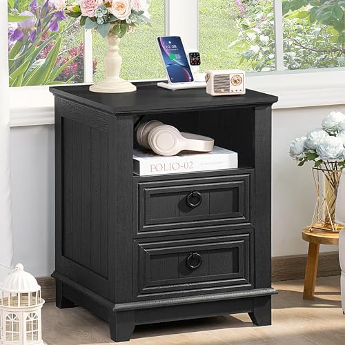 Joaxswe 18" Farmhouse Nightstand with Charging Station & 2 Drawers | Night Stand with Storage, Black Bedside Table w/ 4 Wooden Legs, End Table Bedroom, Bed Side Tables for Living Room, Office