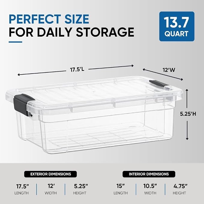 Superio 13.7 Qt Clear Plastic Storage Bins with Lids and Latches, Organizing Containers, Stackable Plastic Bin for Home, Garage, School, and Office