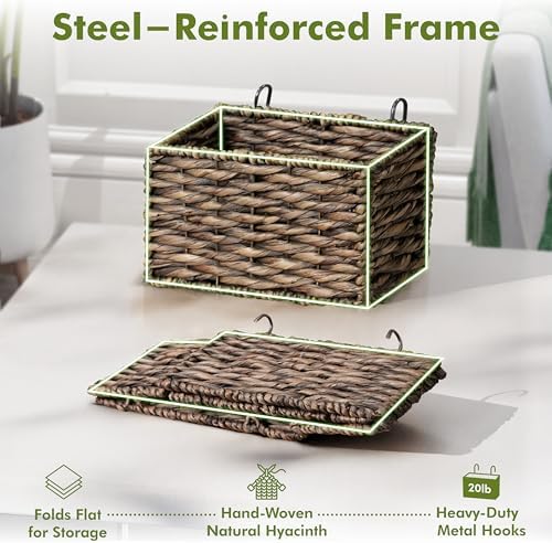 HOMESTEAD 3-Tier Wooden Shelf with Water Hyacinth Woven Baskets – Rattan Shelf Basket, Boho Room Decor, Wooden Book Shelf, Bathroom Storage Shelves, Kitchen, Laundry, Living Room (Dark Brown)