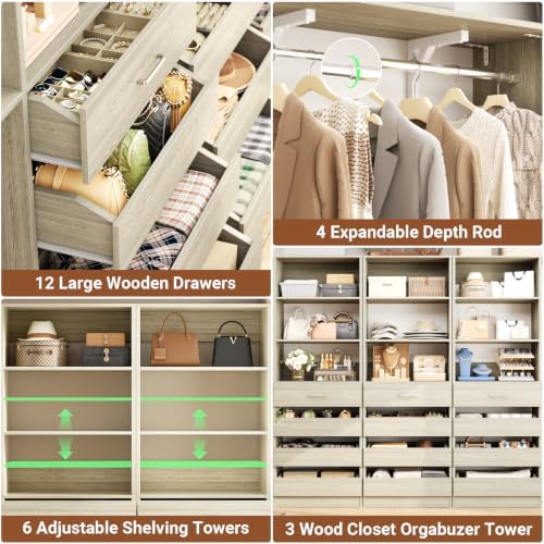 Aheaplus Closet System with 12 Drawers, 138.5" Custom Wood Closet Organizer