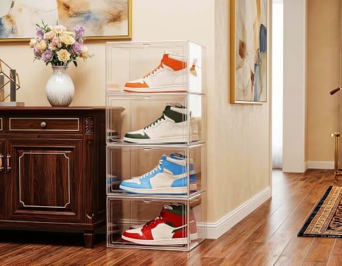 4 Pack Thickened Shoe Boxes Clear Plastic Stackable, Substantial Sneaker Storage Organizers with Lids, Collapsible, Large Magnetic Door, Heavy Duty, Fit Up to US Size 14