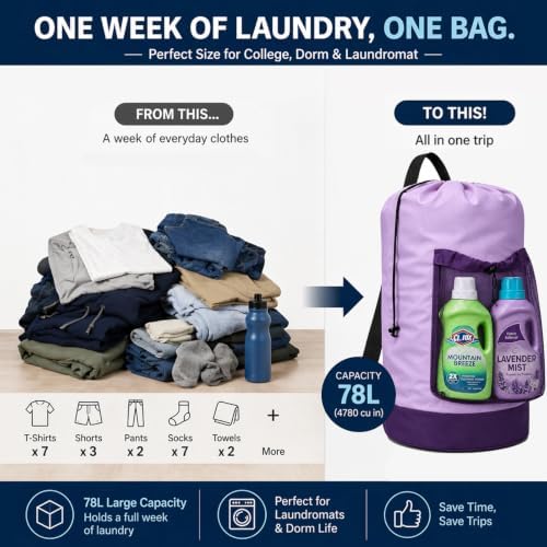 Backpack Laundry Bag, Durable polyster Laundry Backpack Bag with Shoulder Straps, Drawstring Closure & Mesh Pocket, Large Clothes Hamper for Dorm, Travel, Laundromat (Purple)
