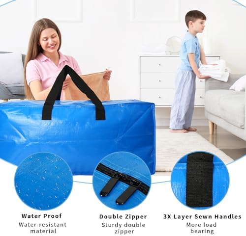 Heavy Duty Extra Large Blue Moving Bags with Strong Zipper Backpack Handles