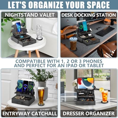 Black Wood Phone Docking Station for up to 3 Phones, Samsung Galaxy Watch Compatible Nightstand Organizer with Drawer for Valuables for Men & Women, Holds Phones, Tablets, Keys, Rings, Glasses, EDC