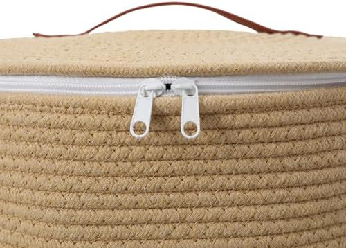16"x20" Extra Large Cotton Rope Basket with Zipper Lid, Woven Laundry Hamper and Blanket Storage Basket, Round Clothes Bin for Living Room Bedroom, Beige