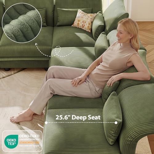 LLappuil Corduroy Modular Sectional Sofa with Storage Seat, Convertible Sectional Couches for Living Room with Adjustable Arms Backs, Plush Cushions, 8 Seater, Green