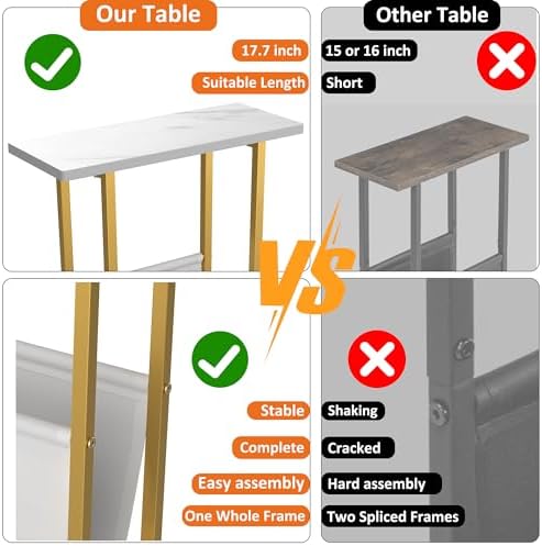 Yusong Small Narrow Side Table for Small Spaces, 17.7" W Slim End Table Magazine Table Nighstand with Storage Holder, Accent Skinny Snack Couch Bedside Table, Gold White, Complete Iron Pipes