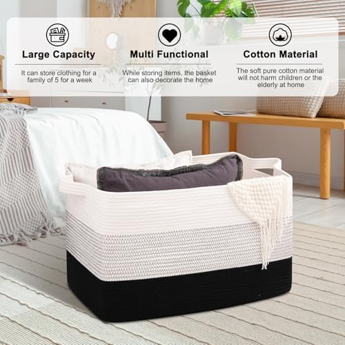 OIAHOMY Extra Large Blanket Basket, 95L Cotton Rope Woven Laundry Basket, Toy Bin for Baby Room, Container for Blanket Storage in Living Room, 24''×17''×14'', Gradient Black