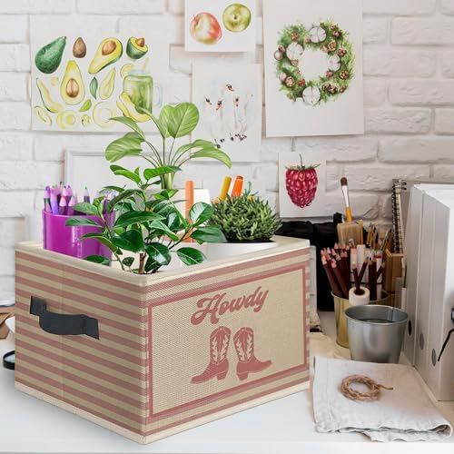 Pink Western Howdy Foldable Storage Bins Box with Handles, Cowgirl Boots Western Nursery Striped Collapsible Toys Books Clothes Organizer Basket for Girl Nursery Room Bedroom Bathroom
