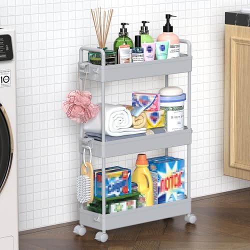 SOLEJAZZ Slim Rolling Storage Cart Skinny Bathroom Organizer, 3 Tier, Gray